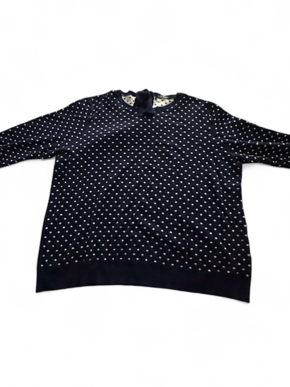 Ralph Lauren Navy Blue Crewneck Sweater with White Polka DotsAnd a Bow XL